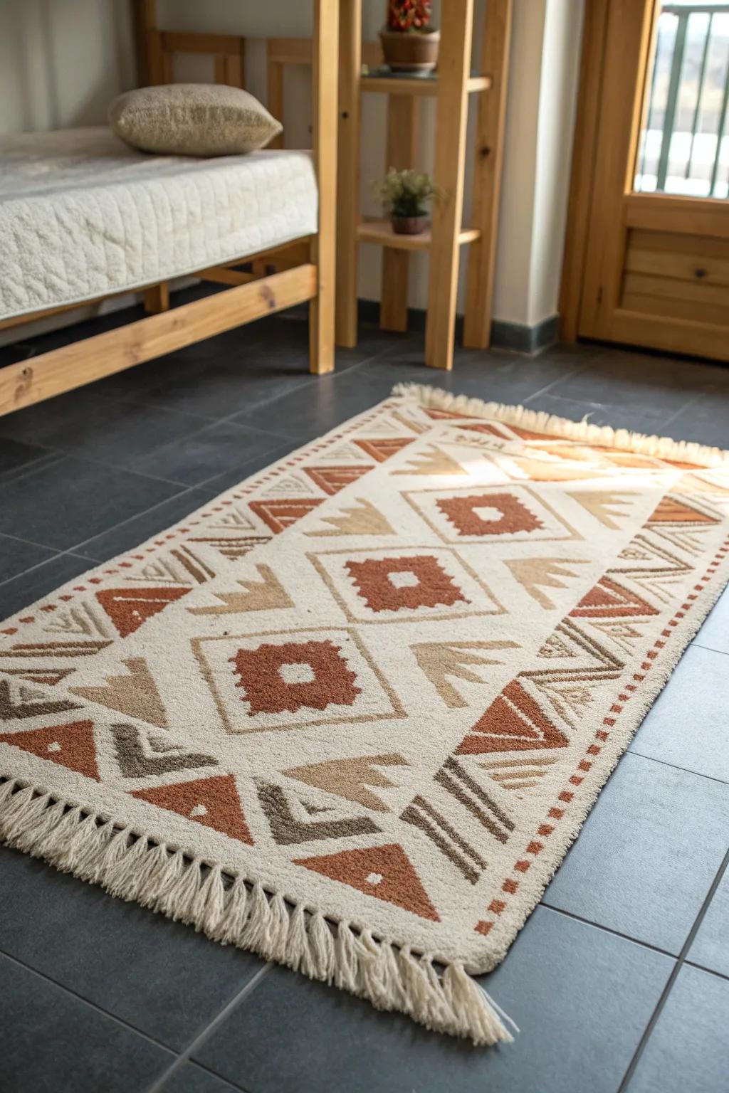A soft, handwoven rug instantly warms up cold dorm floors and makes the space feel homey.
