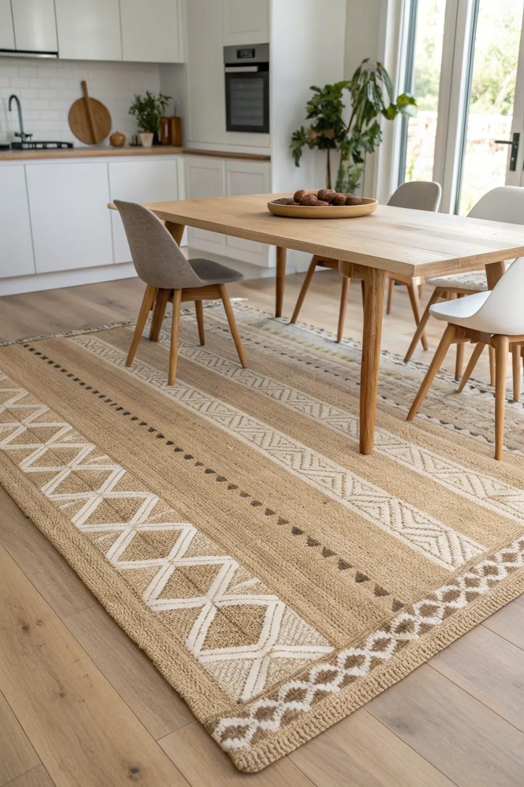 A woven rug under the table frames the dining zone and keeps chairs sliding smoothly.