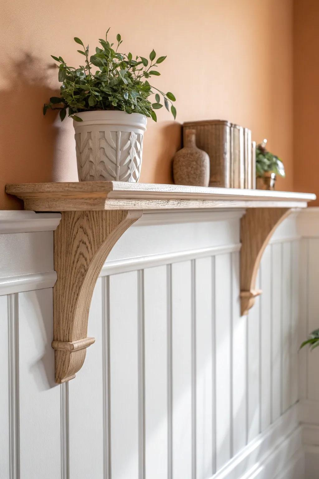 A timeless corbel shelf above wainscoting—built-in charm with clean Scandinavian warmth.
