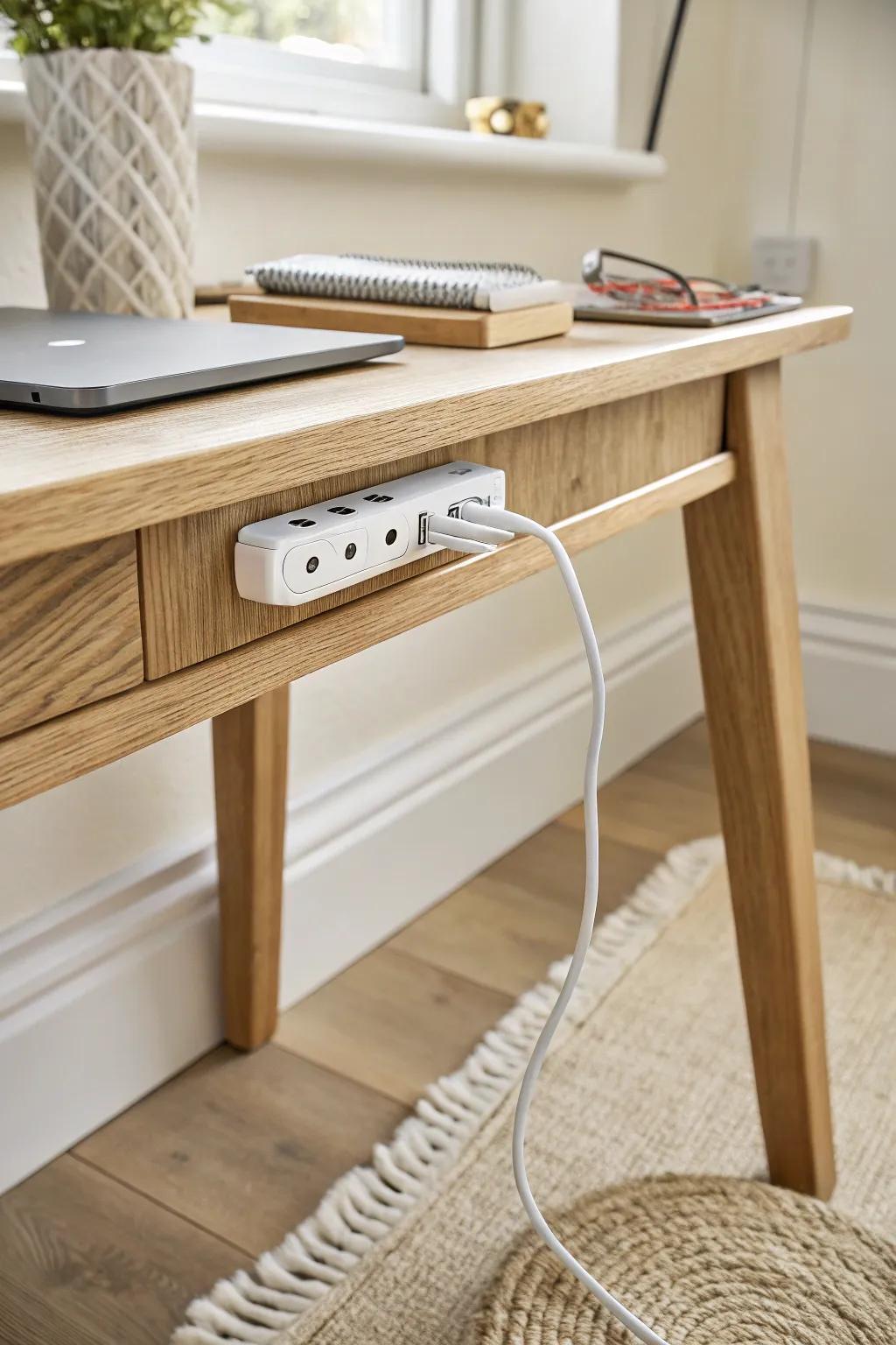 Mount your power strip under the desk for a cleaner floor and instantly calmer small-space vibes.