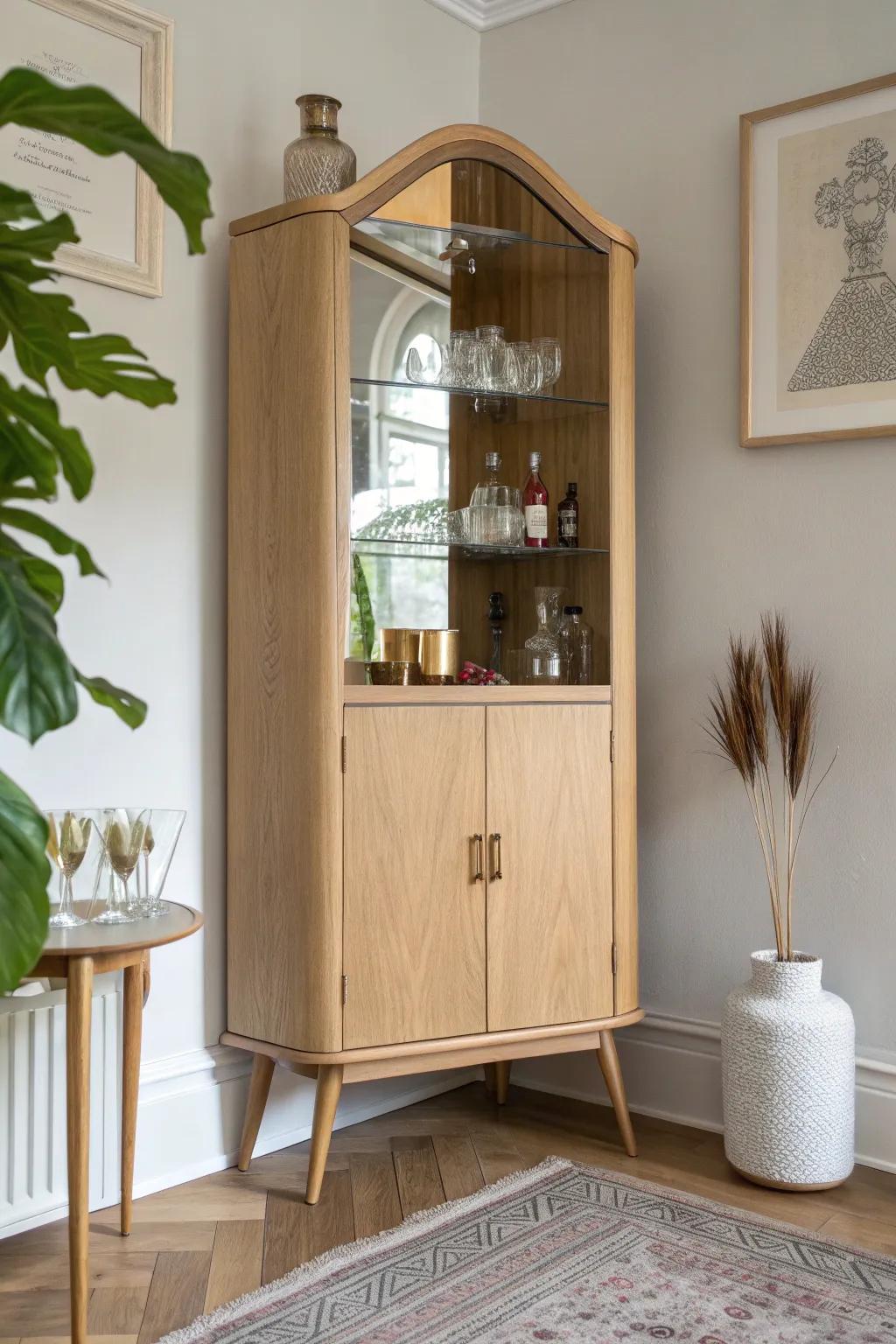 A mirror-backed corner bar that doubles the glow and makes a tiny nook feel polished.
