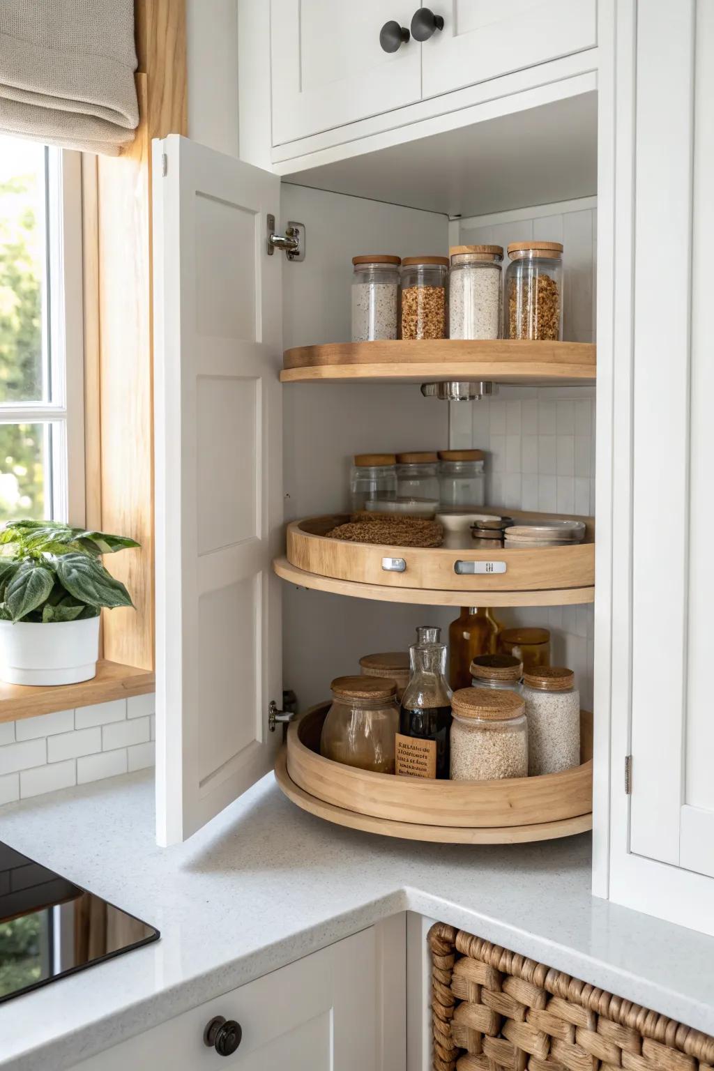 Two-tier turntable styling keeps upper corner cabinet spices visible and beautifully organized.