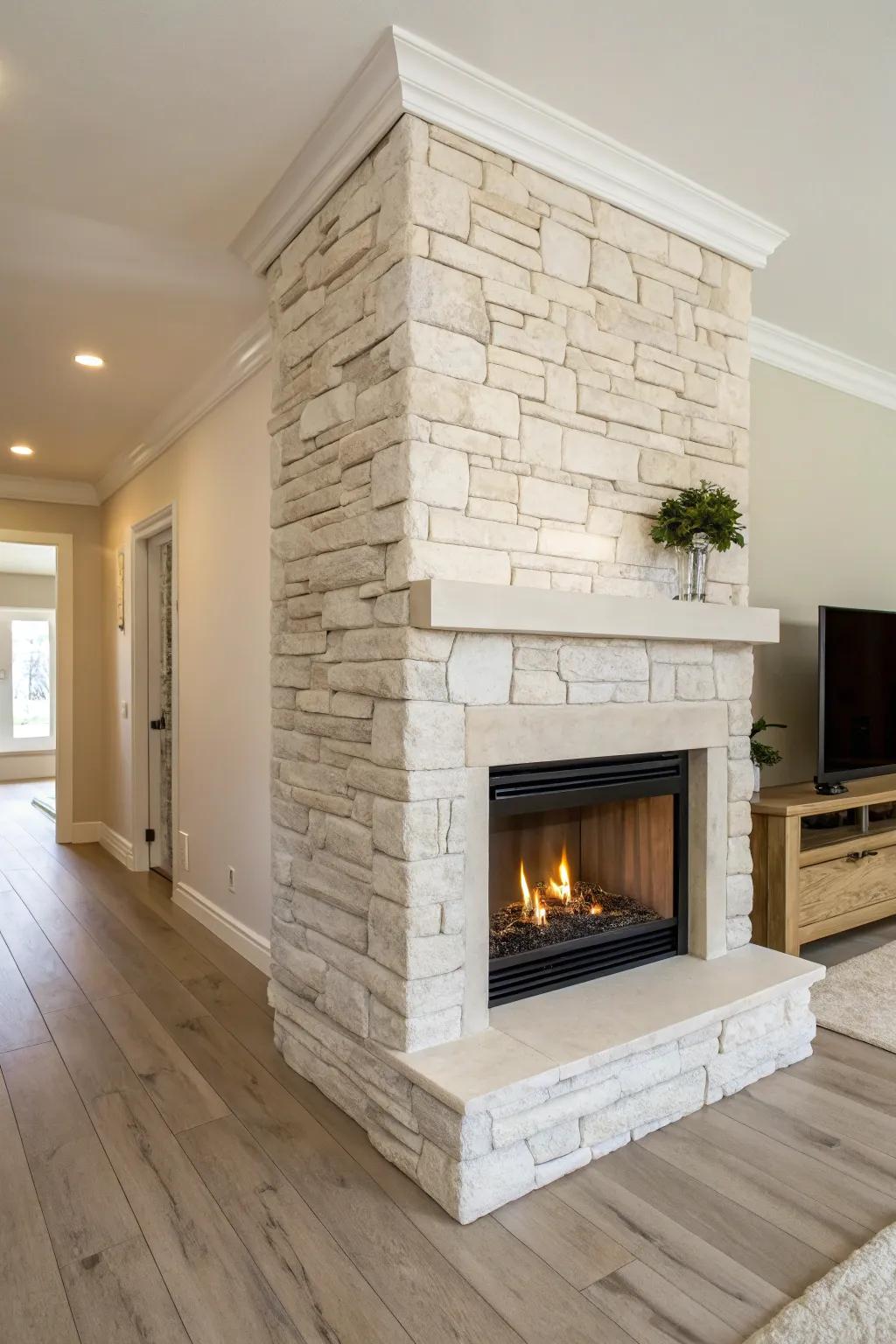Stone-texture corner surround: compact, cozy, and instantly more architectural.