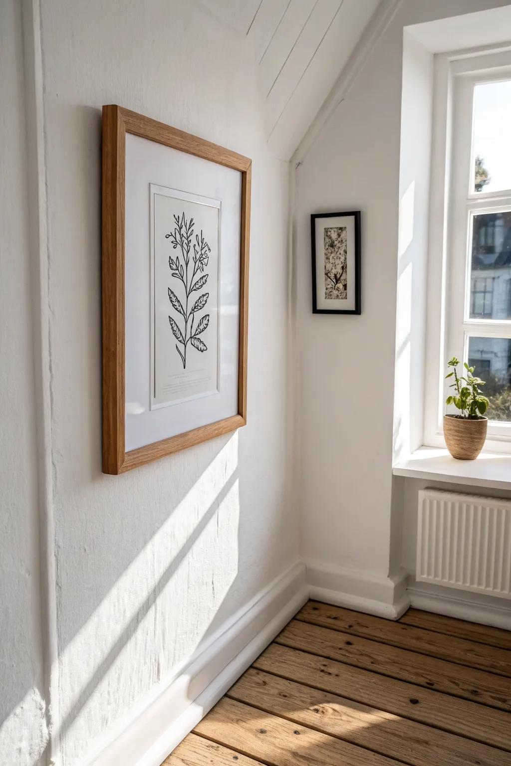 A single anchor frame at the corner seam instantly turns two walls into one wrap-around gallery.