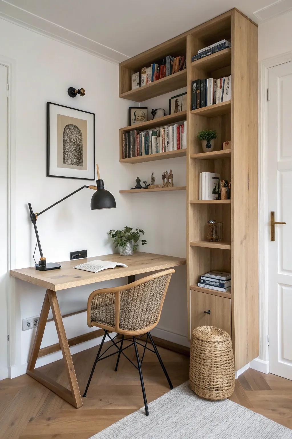 A corner desk wrapped in shelves—tiny-space library vibes that feel like working inside a book hug.