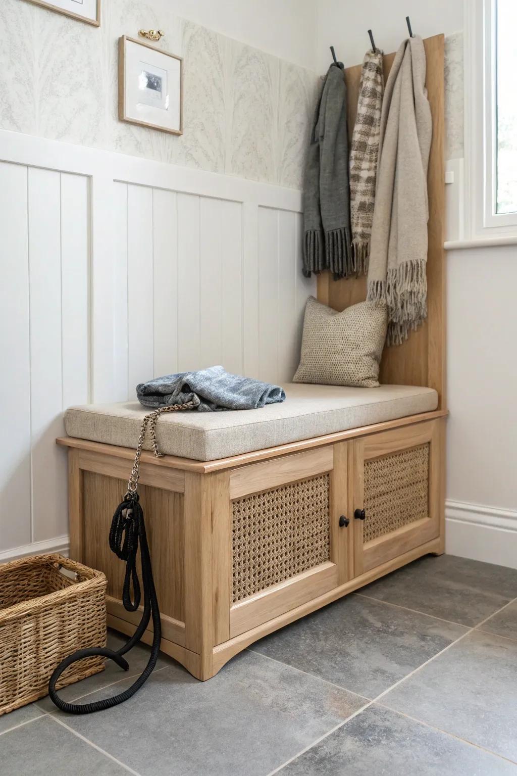 Lift-top corner bench keeps the tiniest mudroom calm—stash scarves and leashes out of sight.