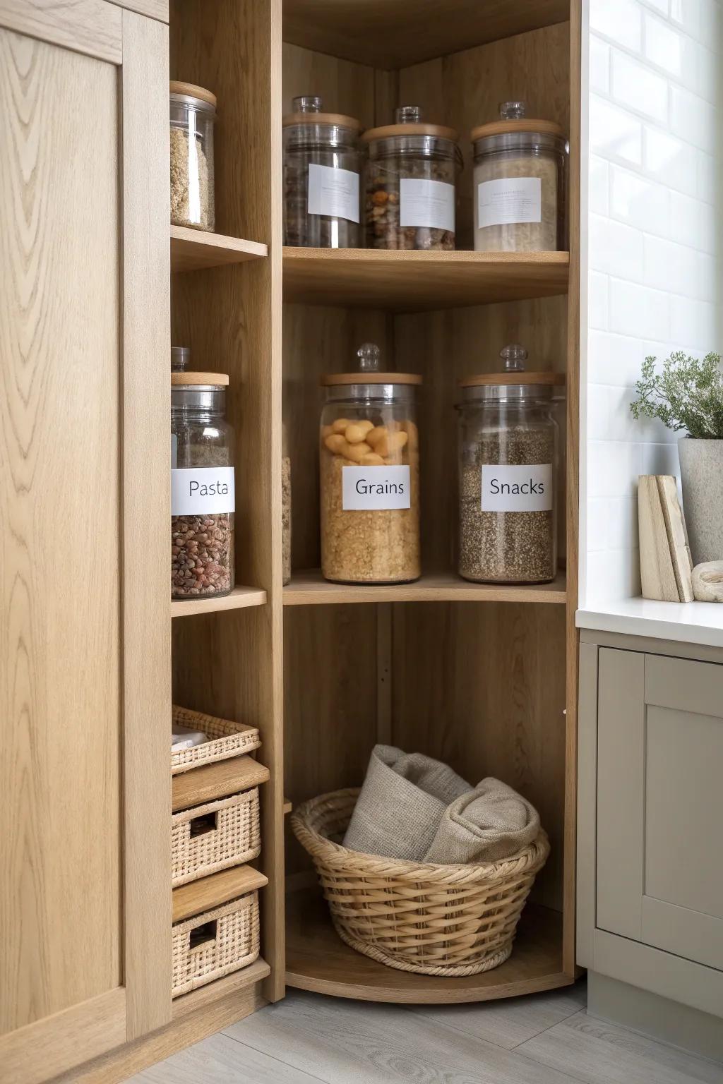 Shallow corner pantry shelves keep everything in one row, so nothing gets lost behind.