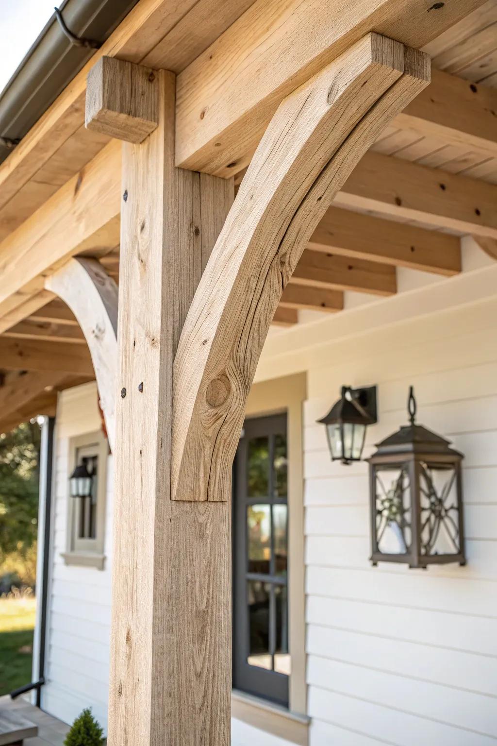Exposed timber posts and curved braces make a corner porch feel custom and timeless.