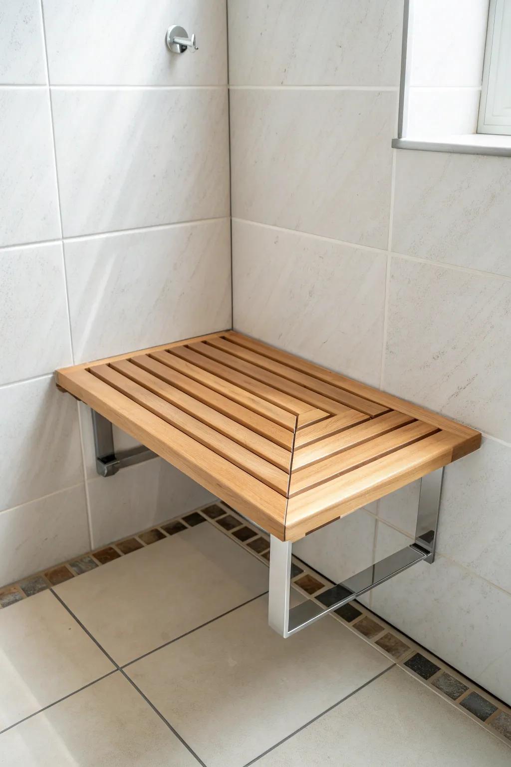 Sleek corner shower bench: floating look with one support leg for modern, worry-free style.