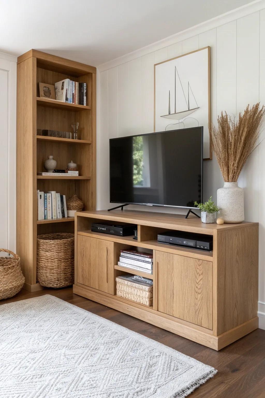 A sleek built-in corner TV cabinet that adds storage and a custom look to small spaces.