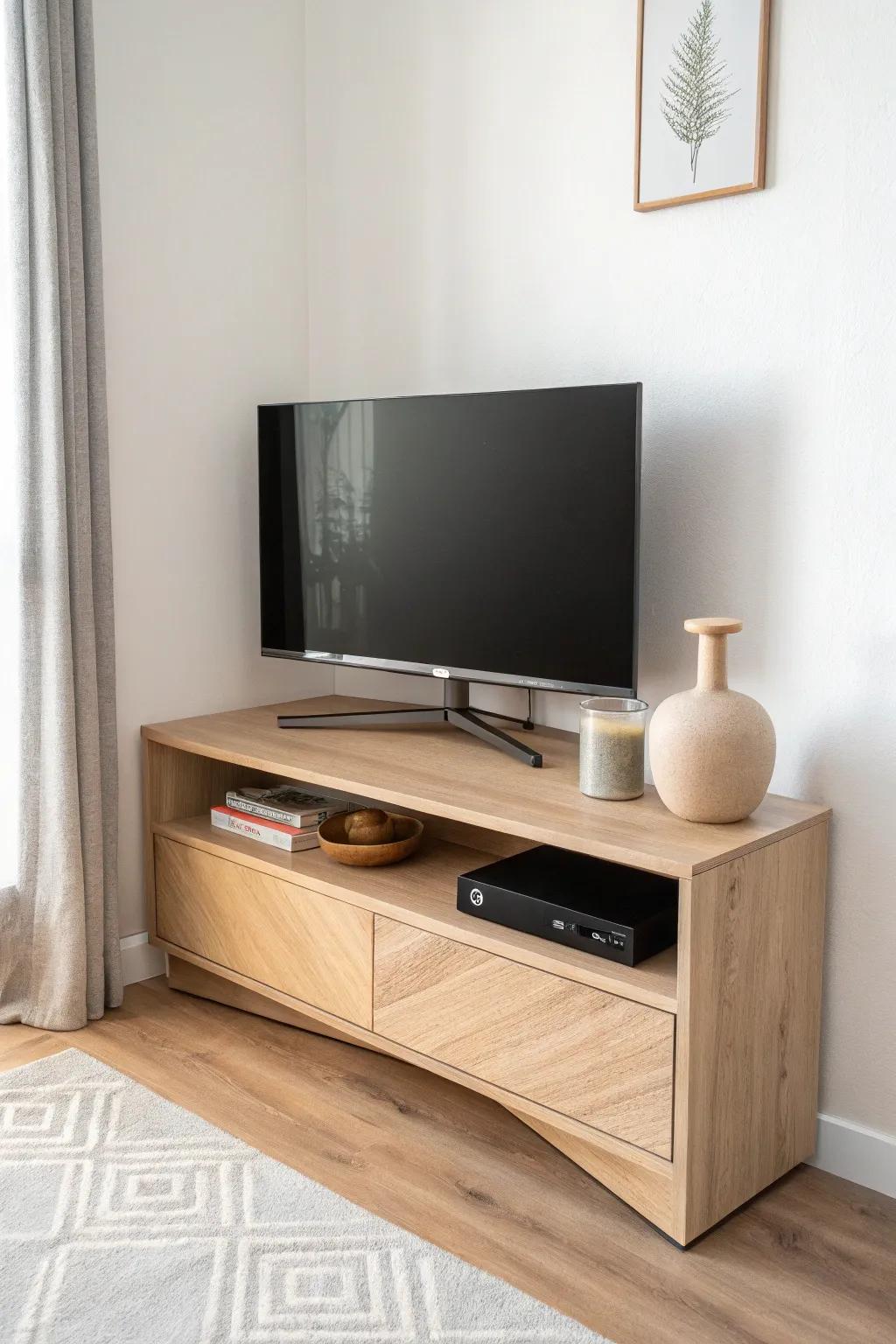 A corner TV shelf with a hidden back gap keeps cables out of sight for a sleek built-in look.