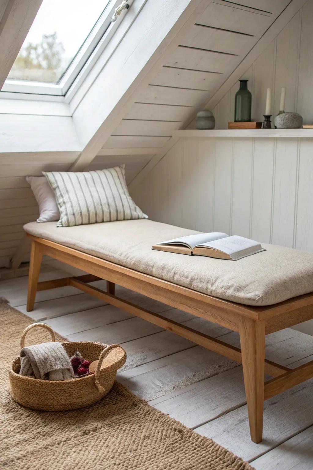 Turn your skylight corner into a serene reading nook with a slim bench and soft cushions.