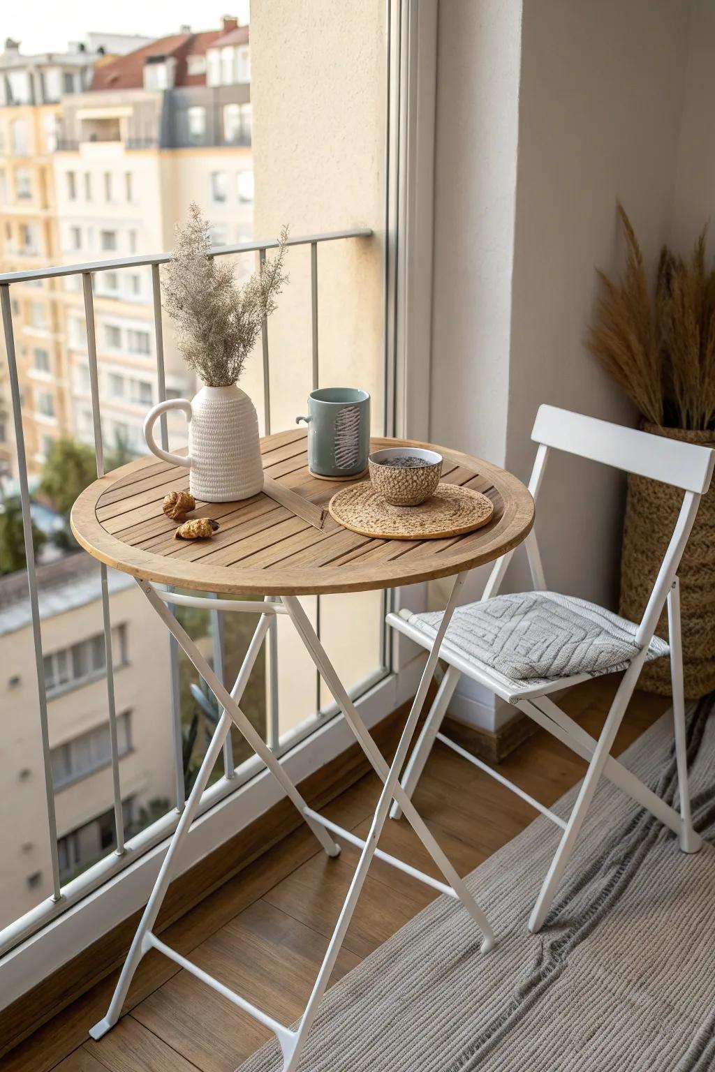 A tiny folding bistro set turns your balcony into the sweetest morning-coffee ritual spot.