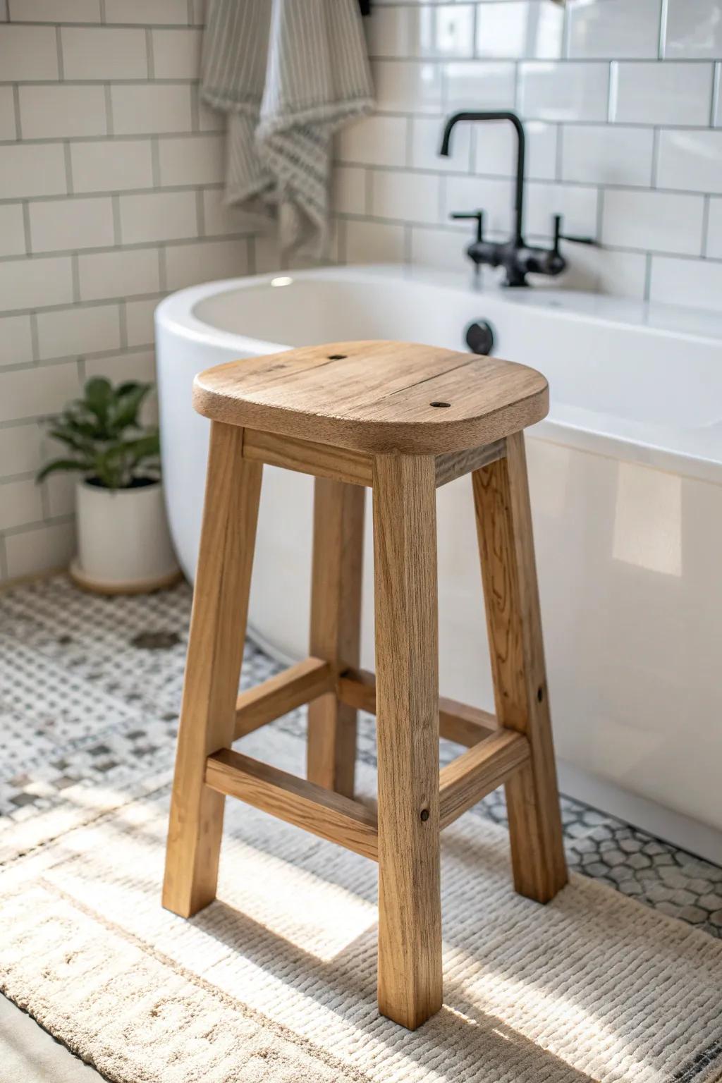 A simple wooden stool warms up a tiny bathroom—instant cozy, no renovation required.