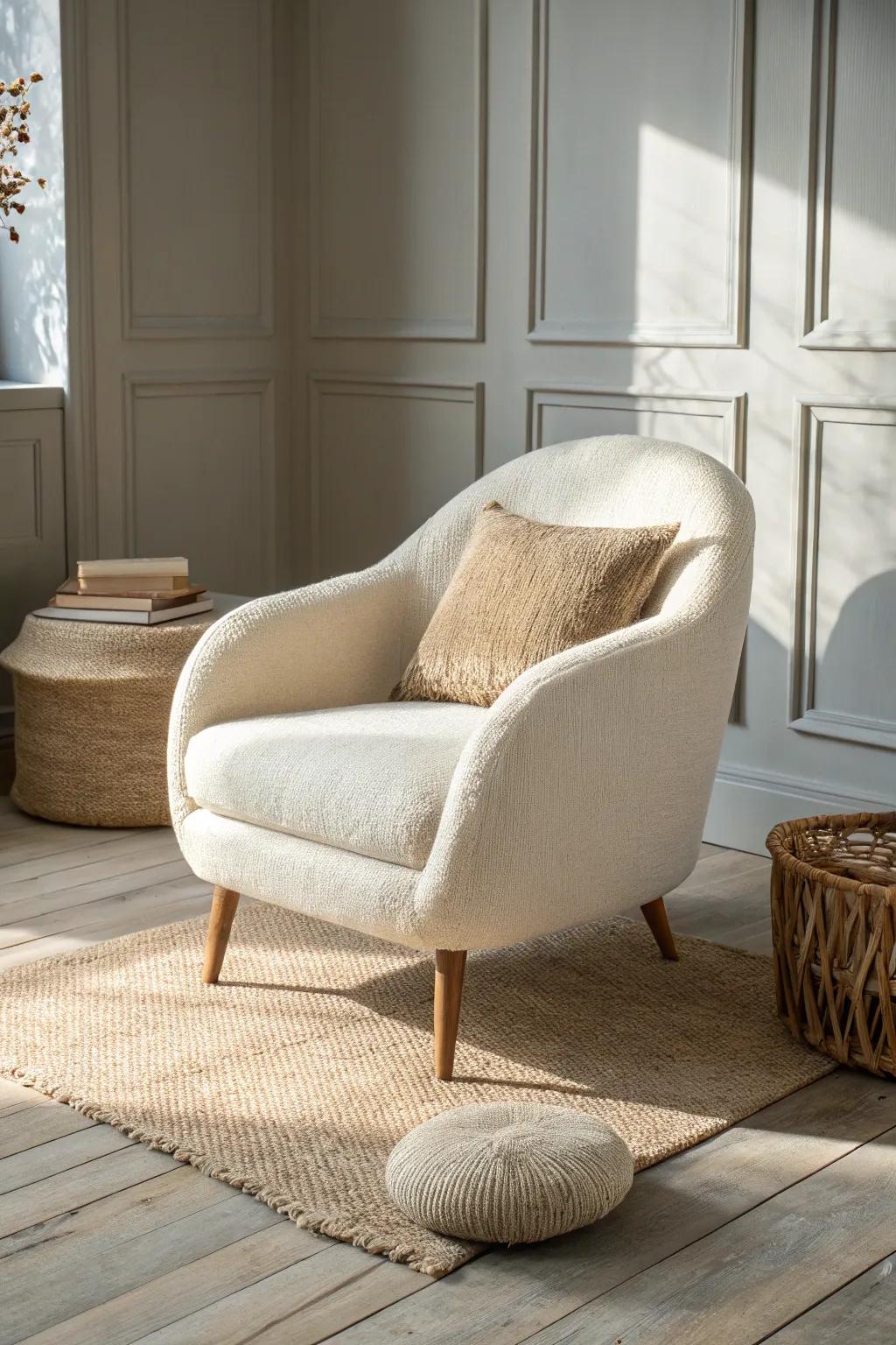 Start your cozy den with one sink-in bouclé armchair—small space, instant comfort.