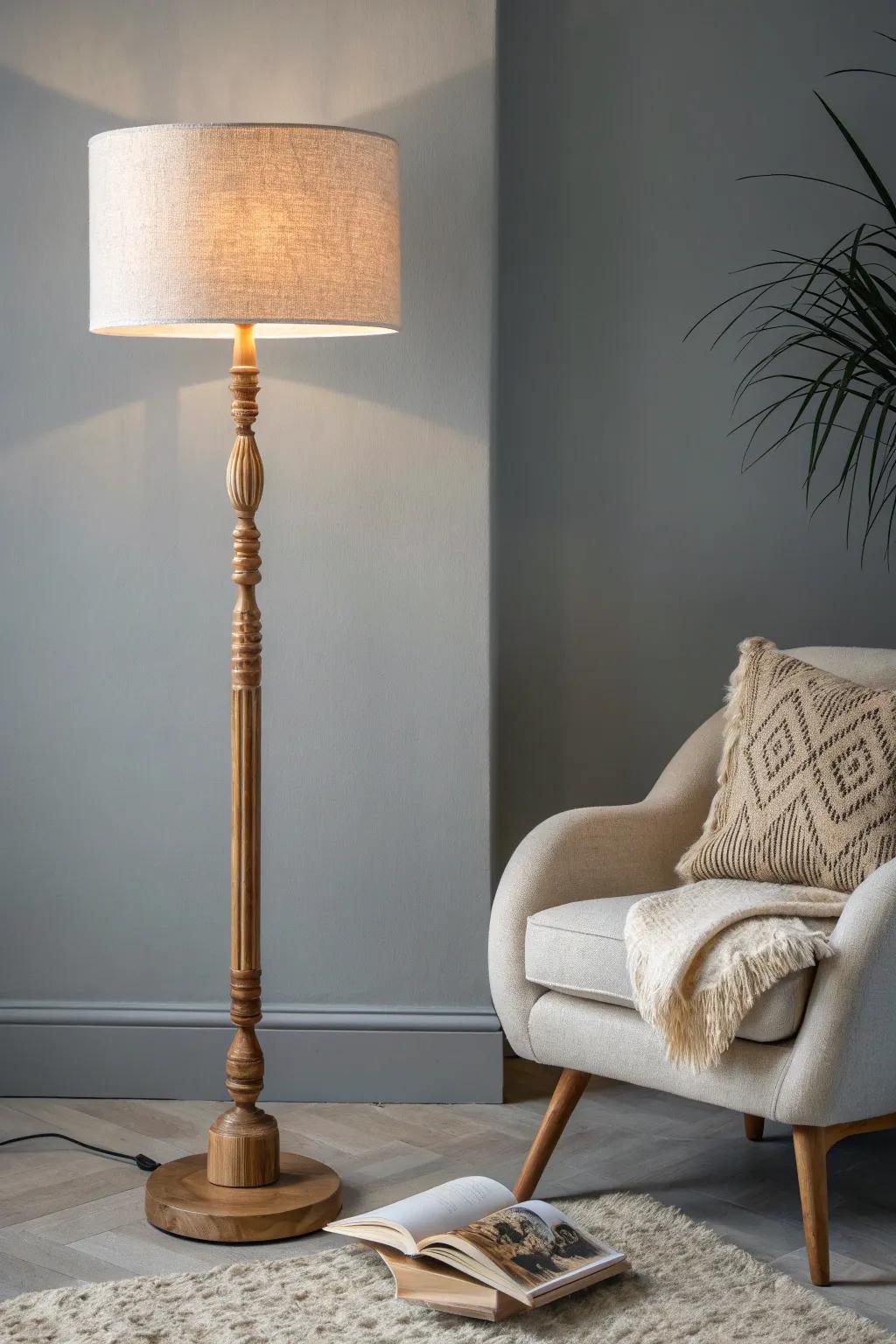 Warm floor lamp glow turns a tiny corner into a calming reading nook—minimal, soft, inviting.