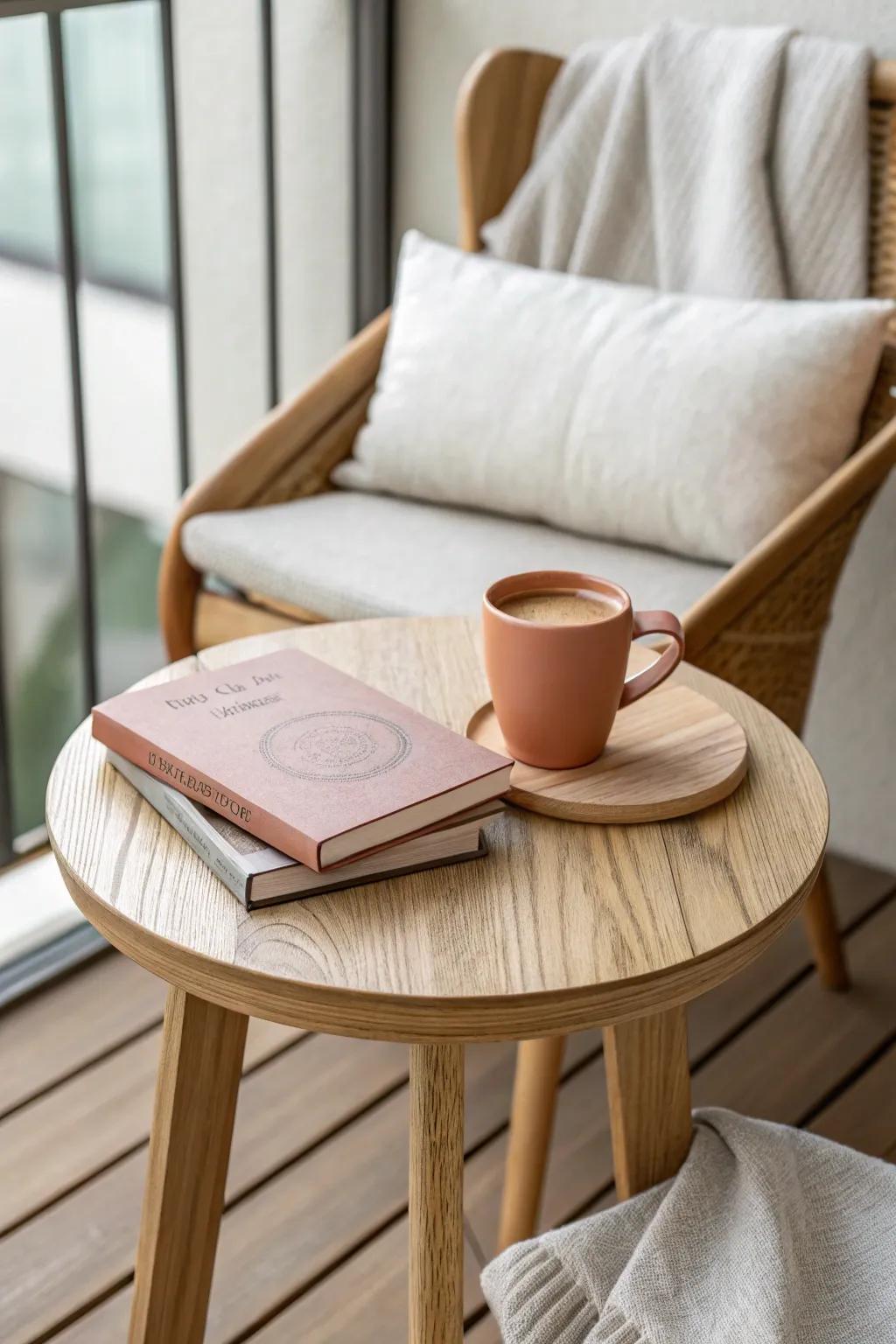 Turn one tiny side table into a balcony reading nook—coffee, book, and calm in minutes.