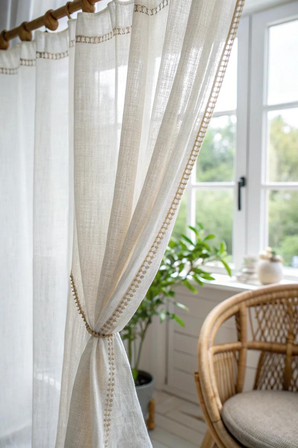Sheer linen curtains that catch the light—instant cozy glow for even the tiniest sunroom.