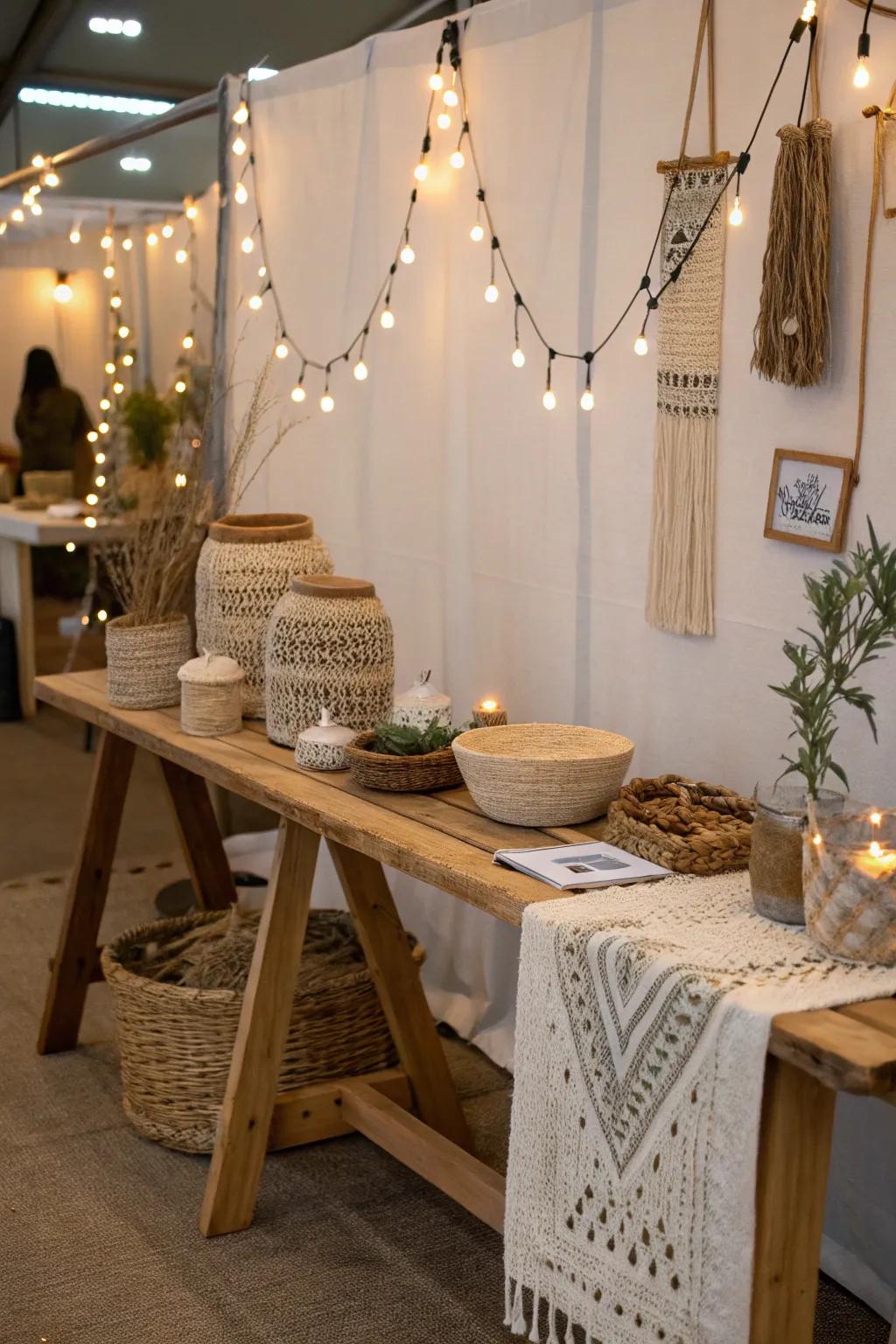 Illuminate your craft fair booth with the warm glow of string lights for a cozy, welcoming ambiance.