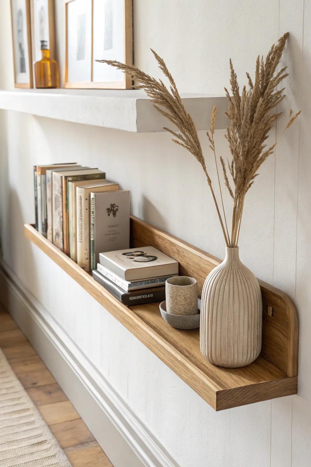 A shallow oak shelf turns a narrow hallway into a chic mini library—no shoulder bumps.
