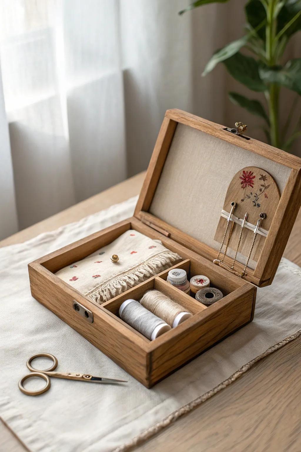 A cigar box sewing kit: tidy threads, needles, and a sweet pin cushion—ready to travel.