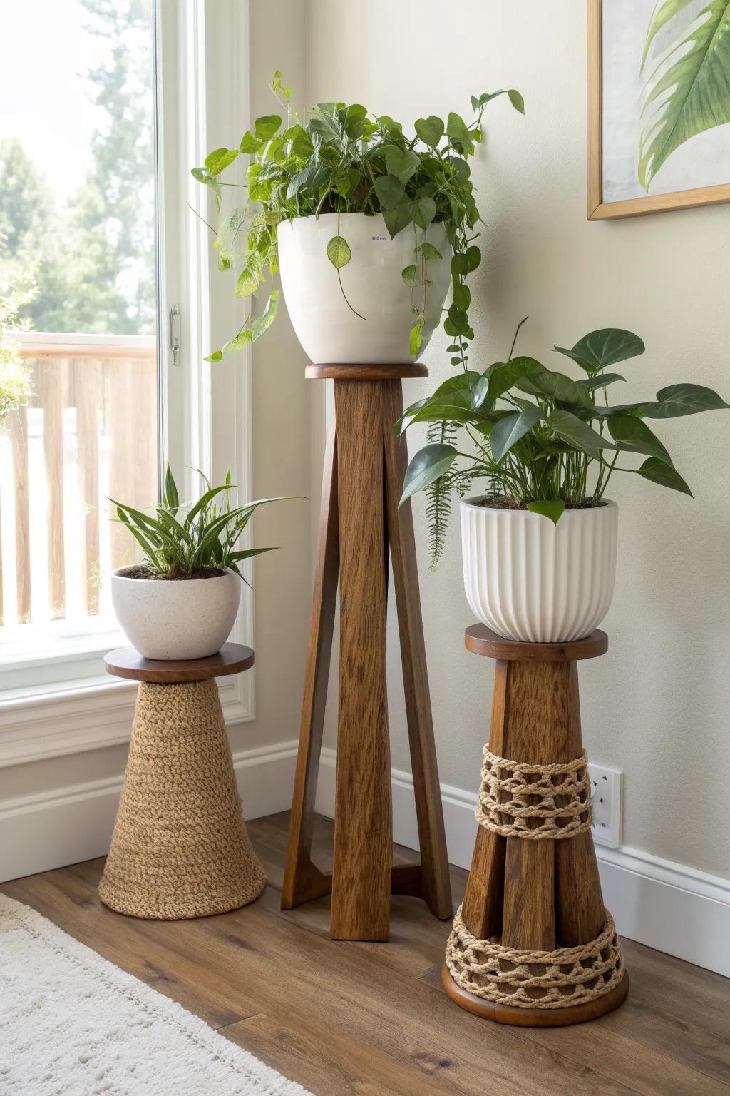 Mixed-height pedestal plant stands turn a tiny corner into a curated, styled plant moment.