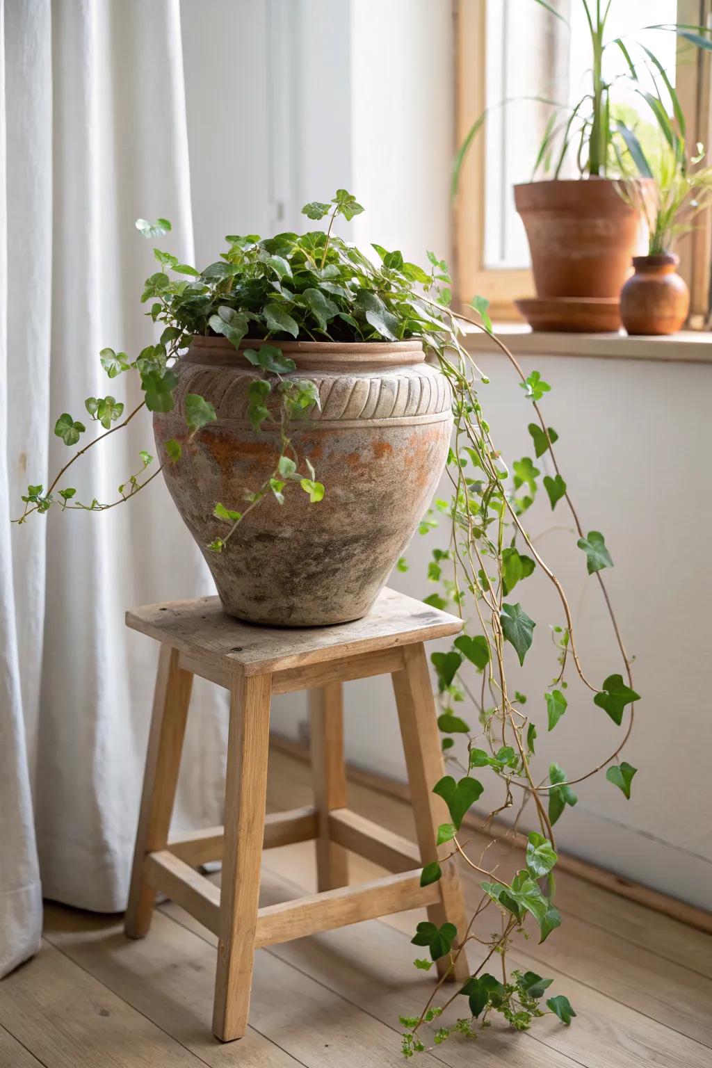 Old-world terracotta + trailing Creeping Jenny for a warm, romantic small-space corner.