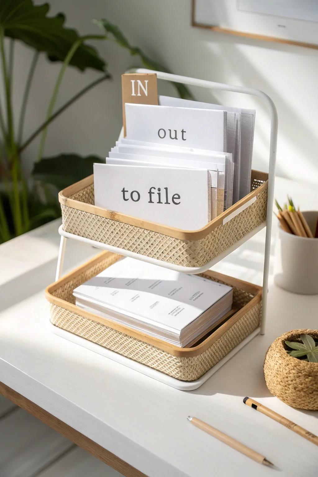 Tiered paper trays create instant “in, out, to file” calm—minimal, pretty, and practical.