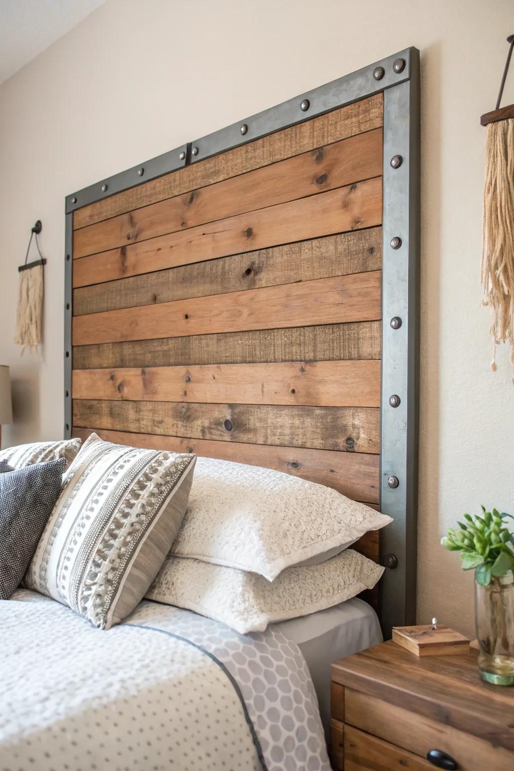 Elevate your bedroom with a stunning blend of rustic wood and sleek metal for a chic, industrial flair.