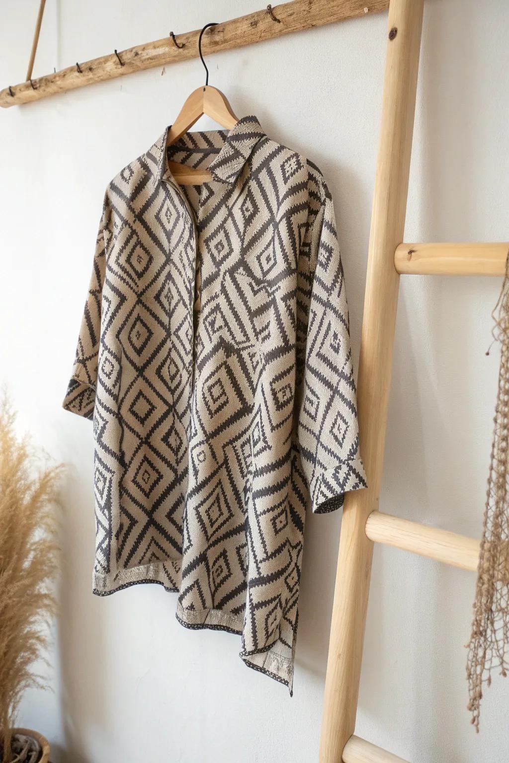 Elevate your wardrobe with minimalist contrast: a dark design on light fabric that speaks volumes in simplicity.