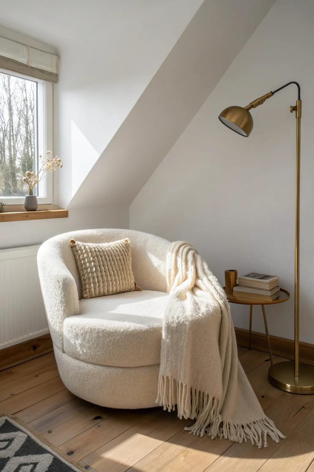 Turn an unused corner into a tiny reading nook with one cozy chair and warm light.