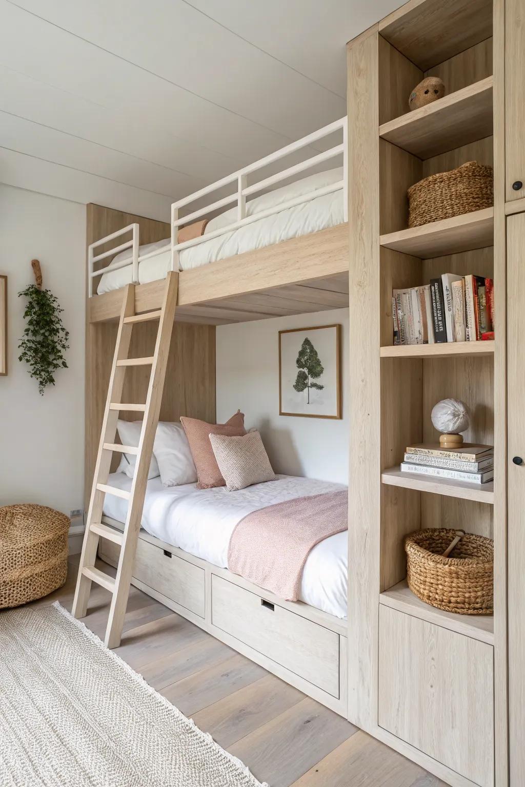 Wall-to-wall bunks with built-in shelves give sisters a polished, custom look in a small room.