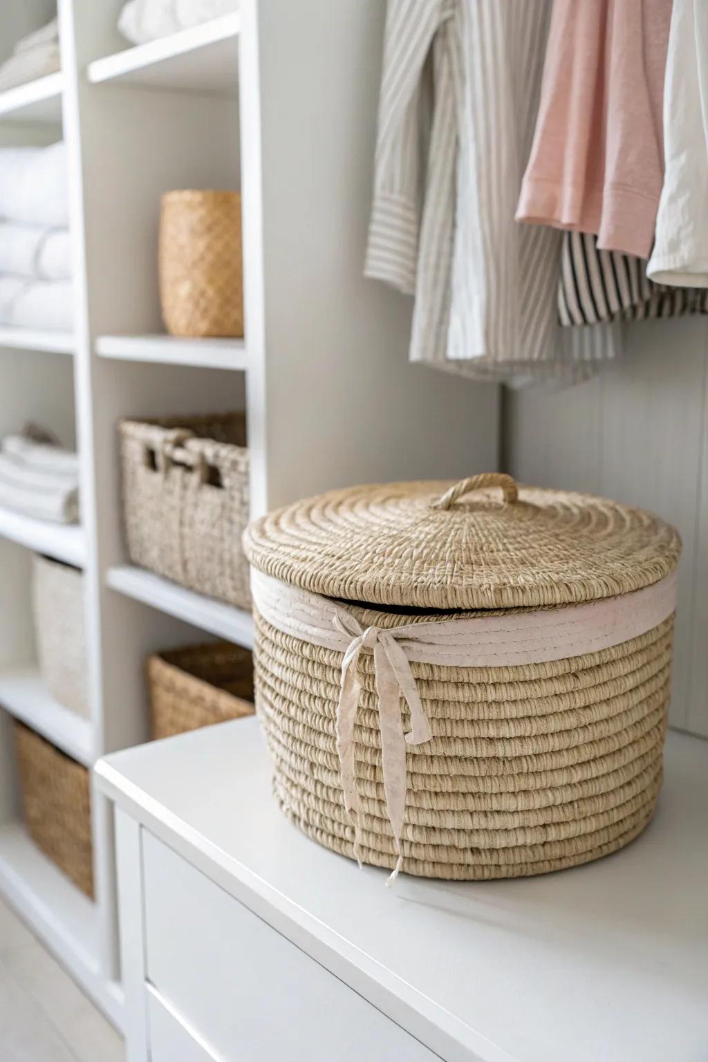 Woven baskets make the top shelf chic hidden storage—pretty, practical, and serene.