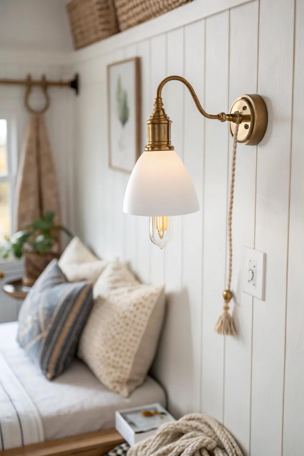 A plug-in wall sconce adds warm reading light and frees up precious daybed-side space.