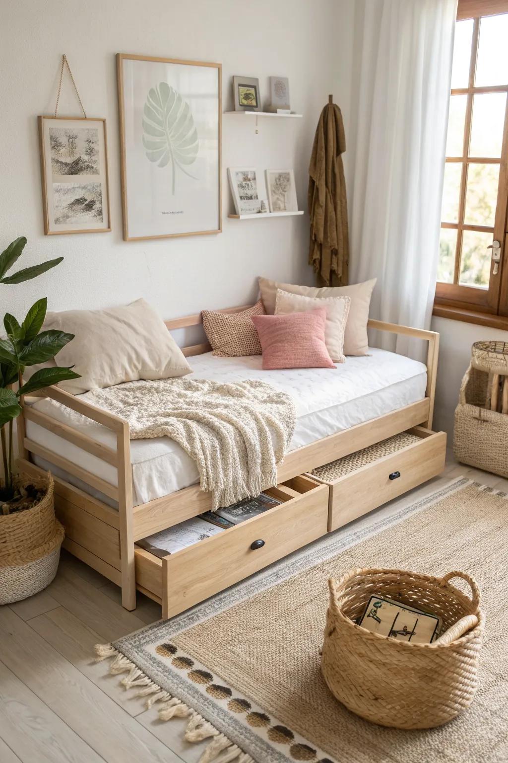 A daybed with hidden drawers keeps tiny living rooms serene—stash throws and games out of sight.