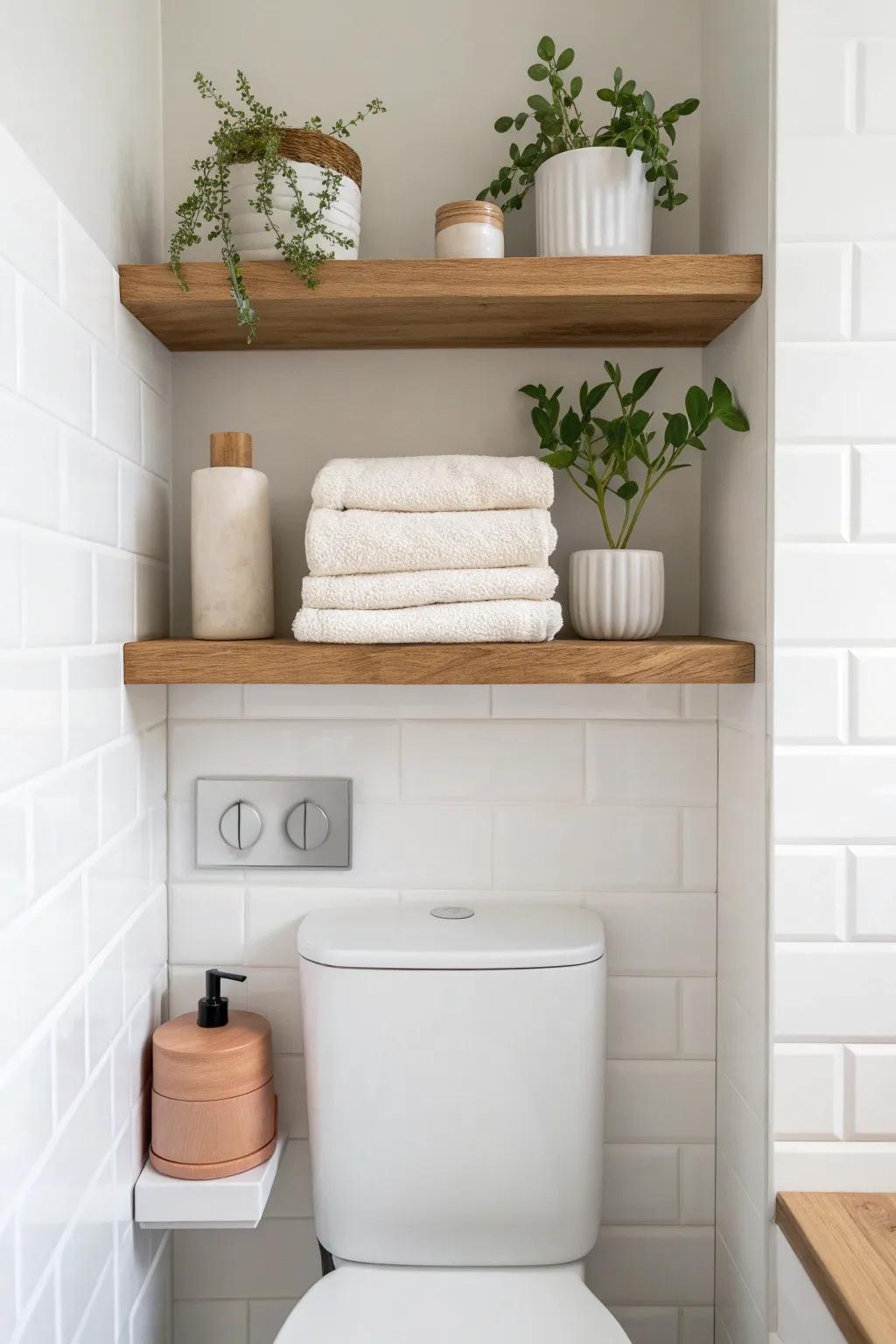 Make dead space chic: floating shelves above the toilet with towels, plant & one canister.