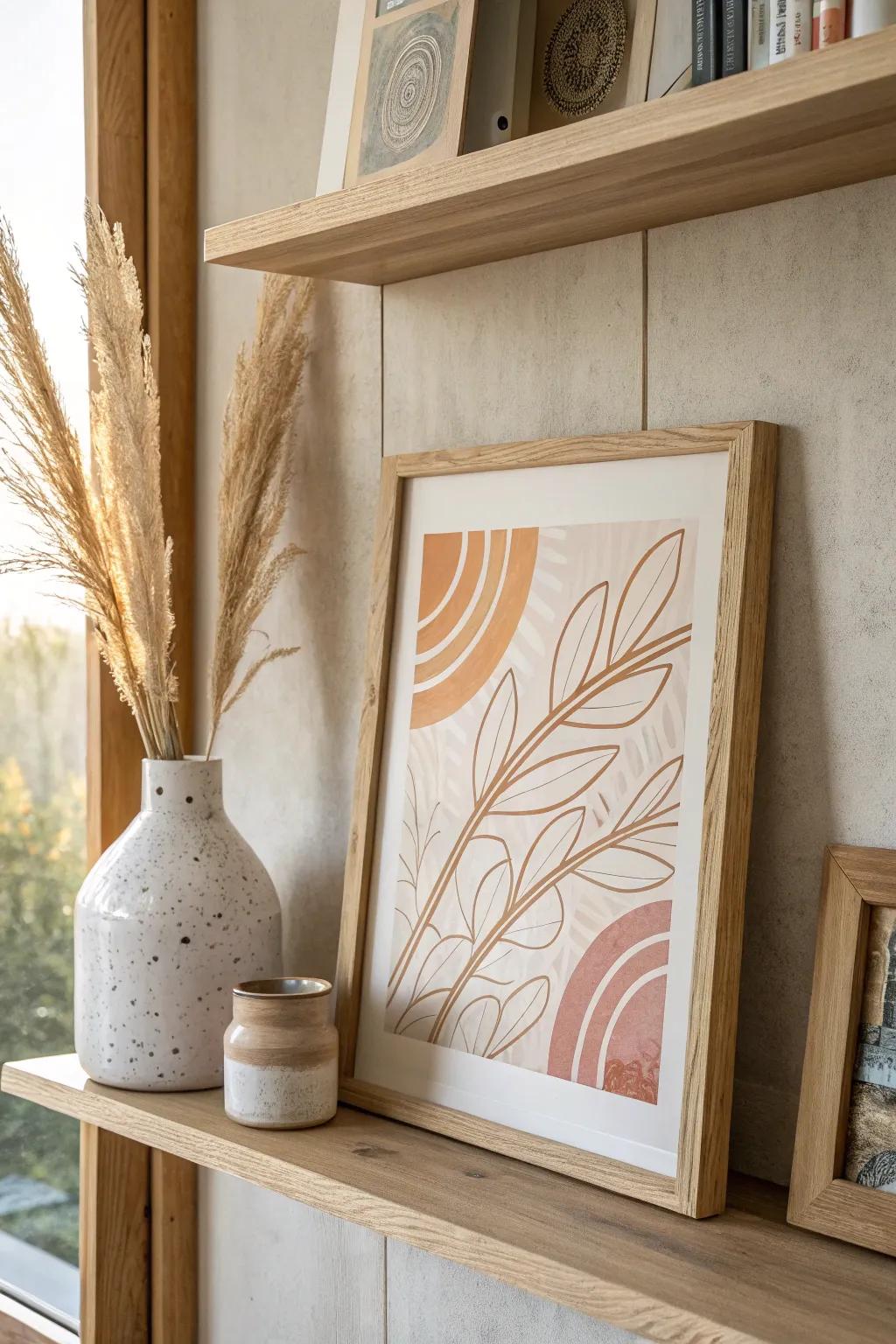 Layer framed art at the back of built-ins and place one small vase in front for depth.