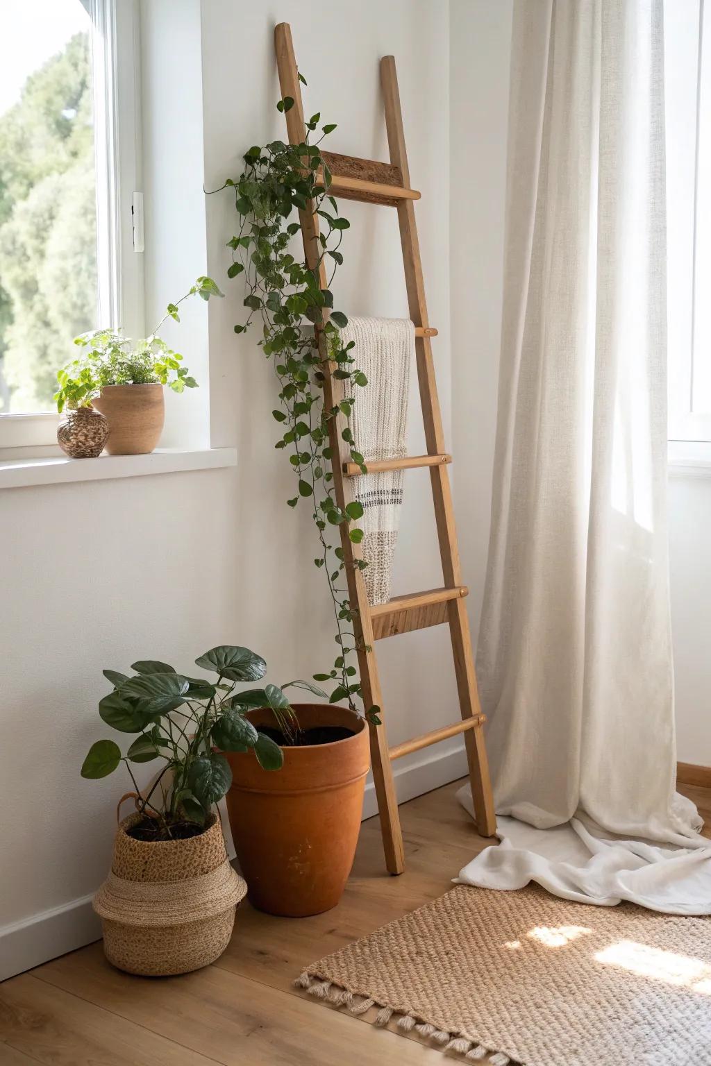 A sunlit plant ladder by the window—heavier pots low, trailing vines high for airy balance.