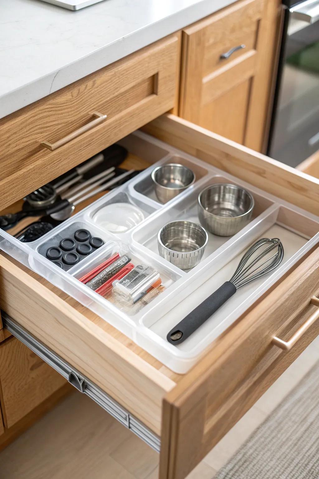 Clear bins keep deep drawers tidy—see every small tool at a glance and stop duplicates.