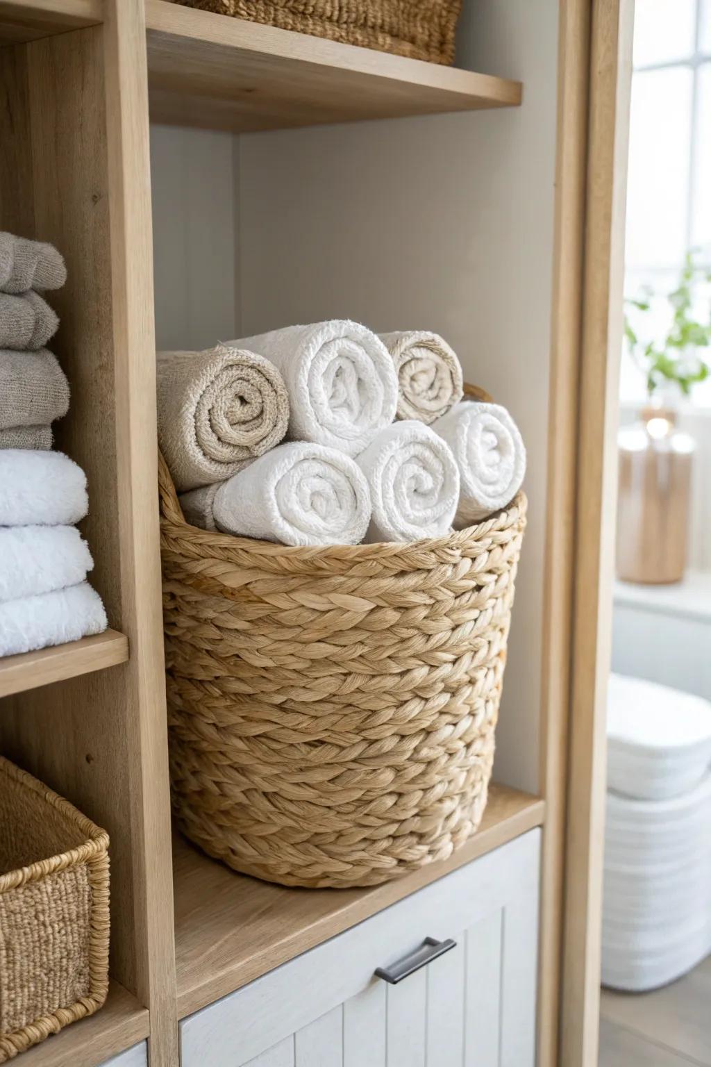 Rolled towels stay visible in deep closets—grab one easily without toppling the stack.
