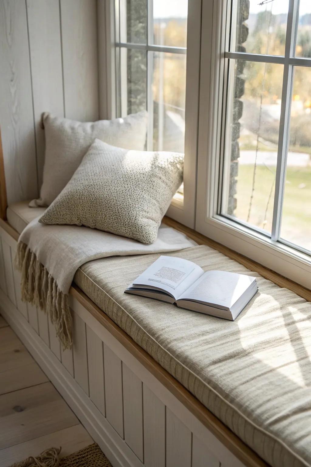 Turn a deep window sill into a cozy reading nook—linen cushion + a face-up book moment.