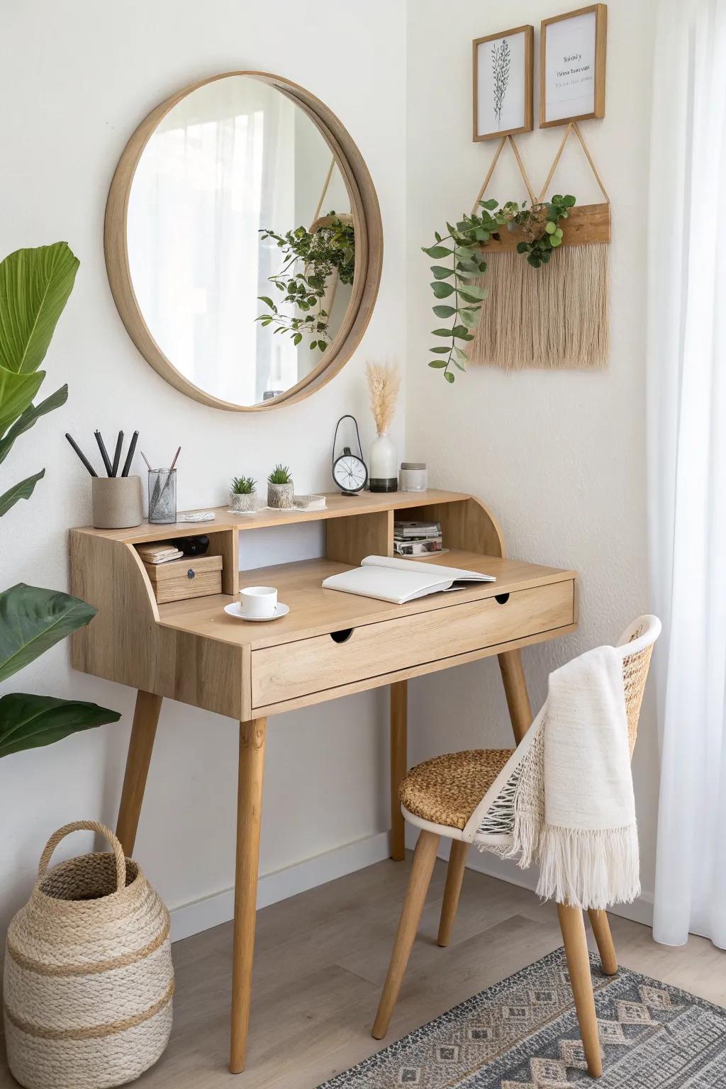 Airy floating desk + wall mirror: a chic desk-and-vanity combo that saves space in studios.