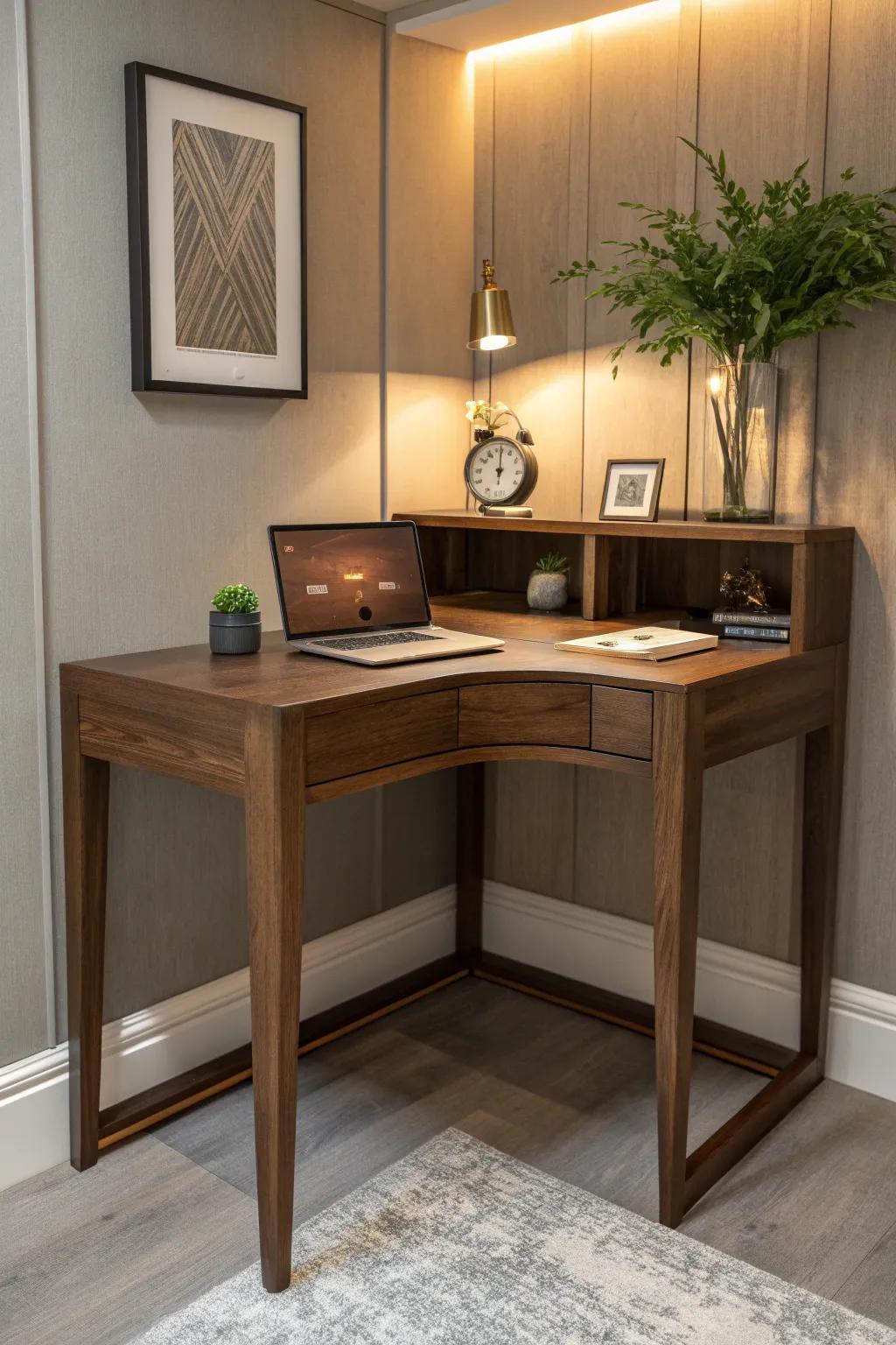 Transform your corner into a cozy haven with a sleek walnut desk base. Perfect for those tight nooks!