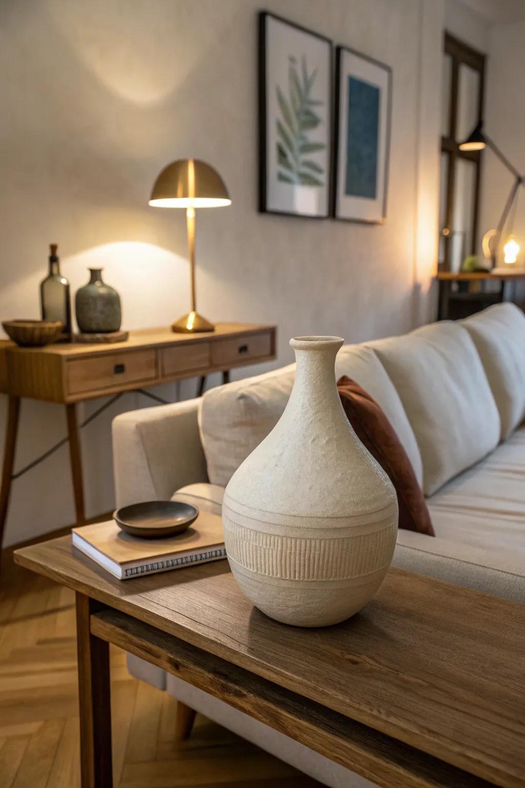 One lamp + one sculptural vase brings warm glow and effortless style to a behind-the-couch desk.
