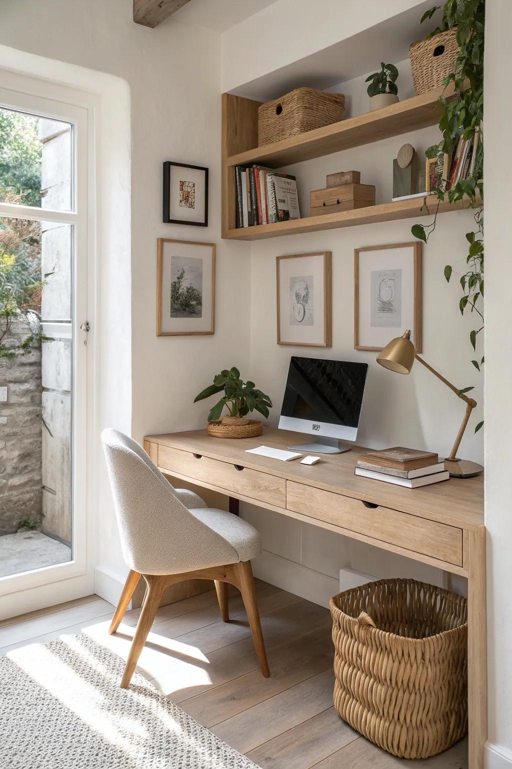 Turn a tiny recess into a built-in alcove desk with one shelf for a seamless living room look.