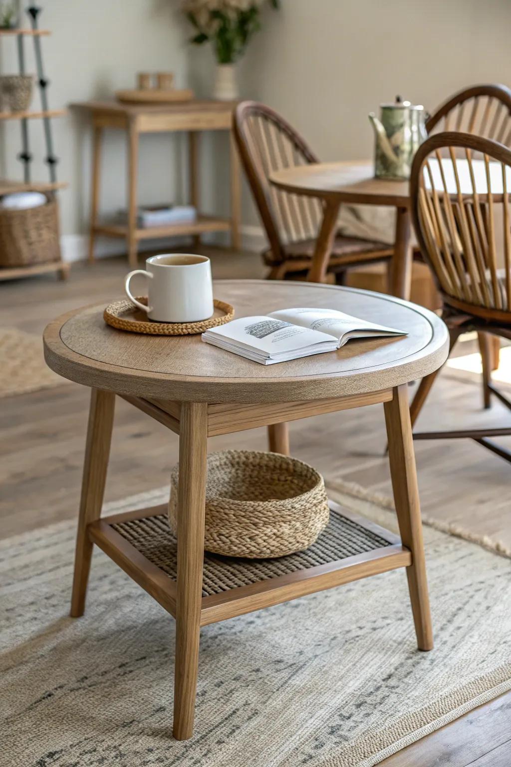 A petite coffee table anchors a dining-room-turned-sitting nook—simple, cozy, everyday.