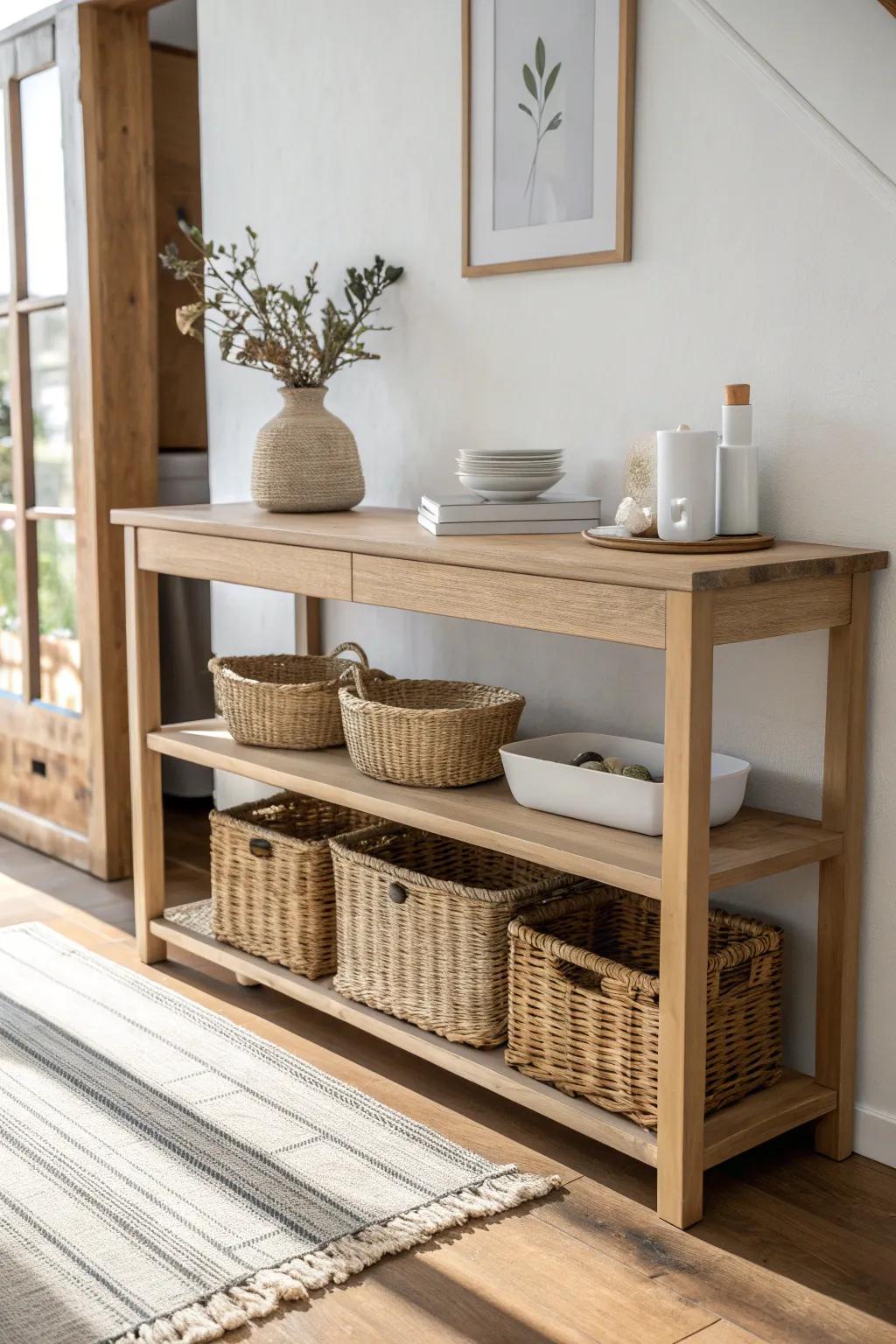 Floating shelves over a slim console—pretty dishes on display, woven baskets hide the rest.