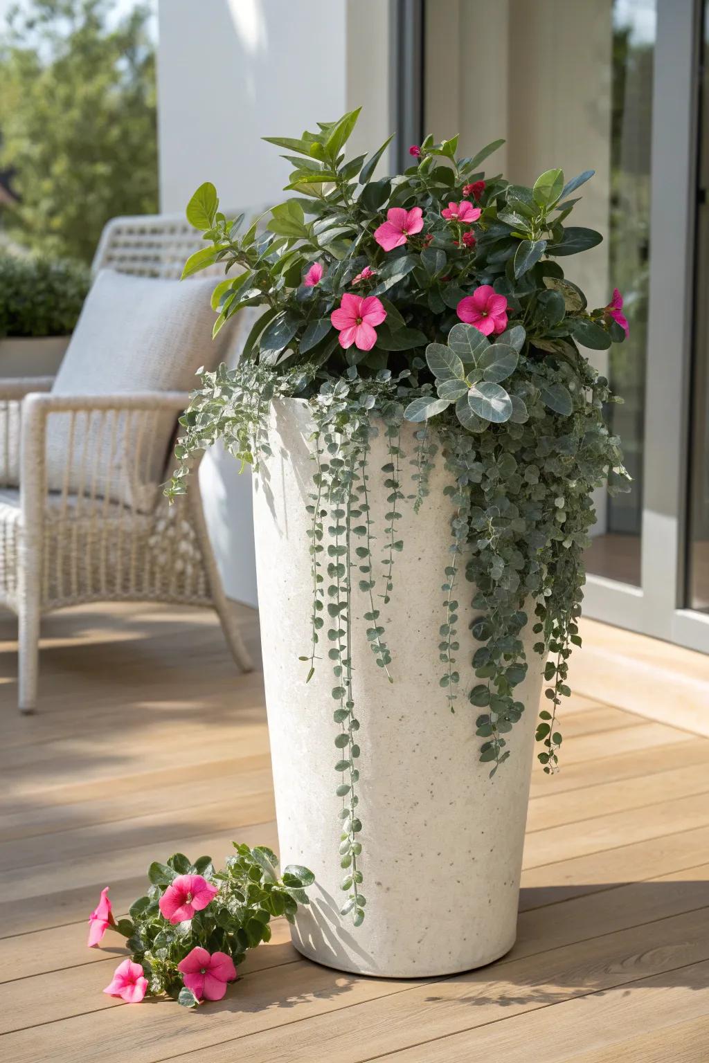 Pink dipladenia pops against silver trailing foliage—an airy, modern container look.
