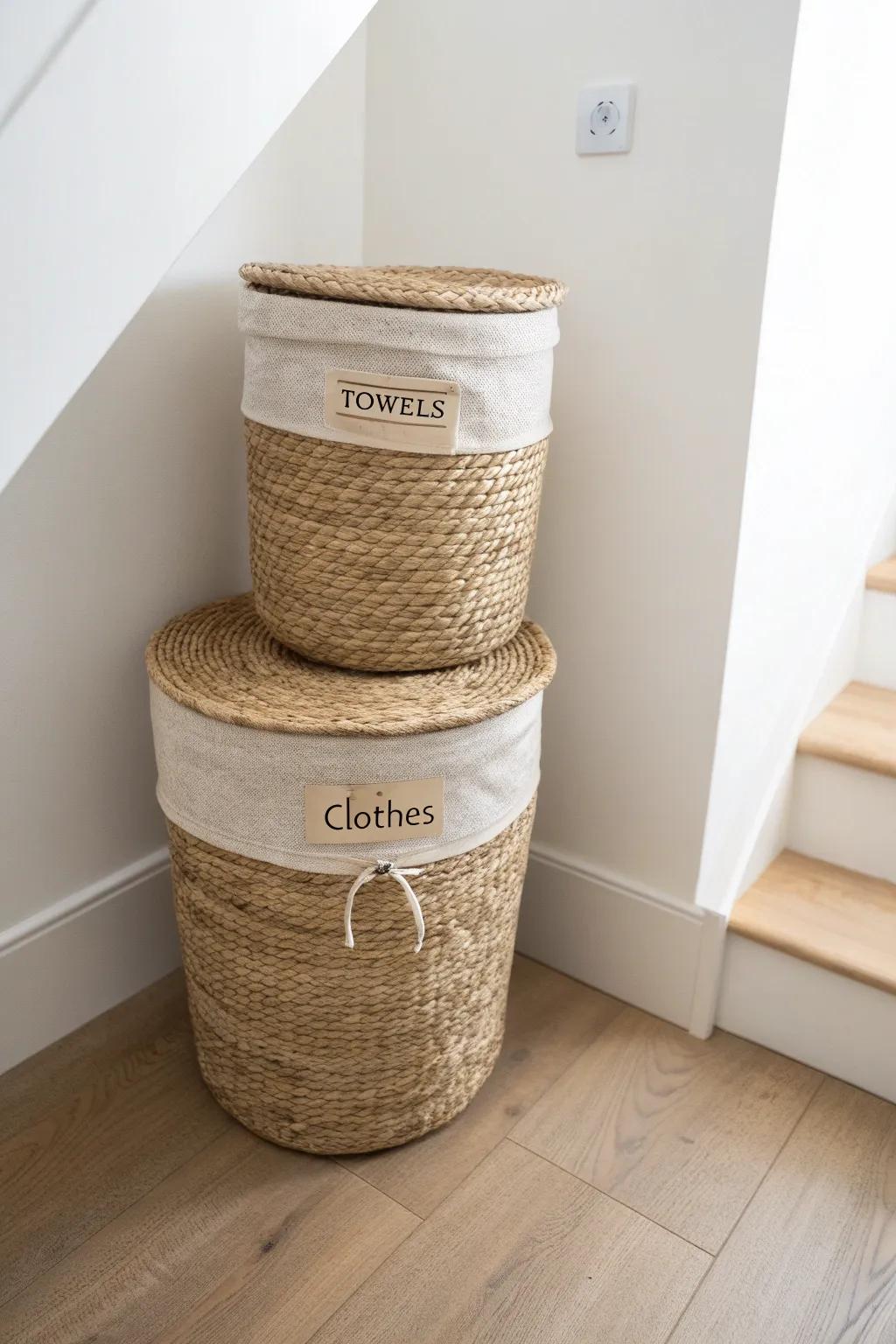 Vertical stacked baskets keep towels and clothes tidy—perfect for tiny bathrooms.