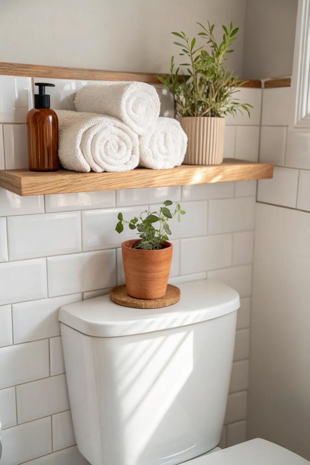 Floating shelf over the toilet: warm oak + rolled towels + plant for chic small-bath storage.